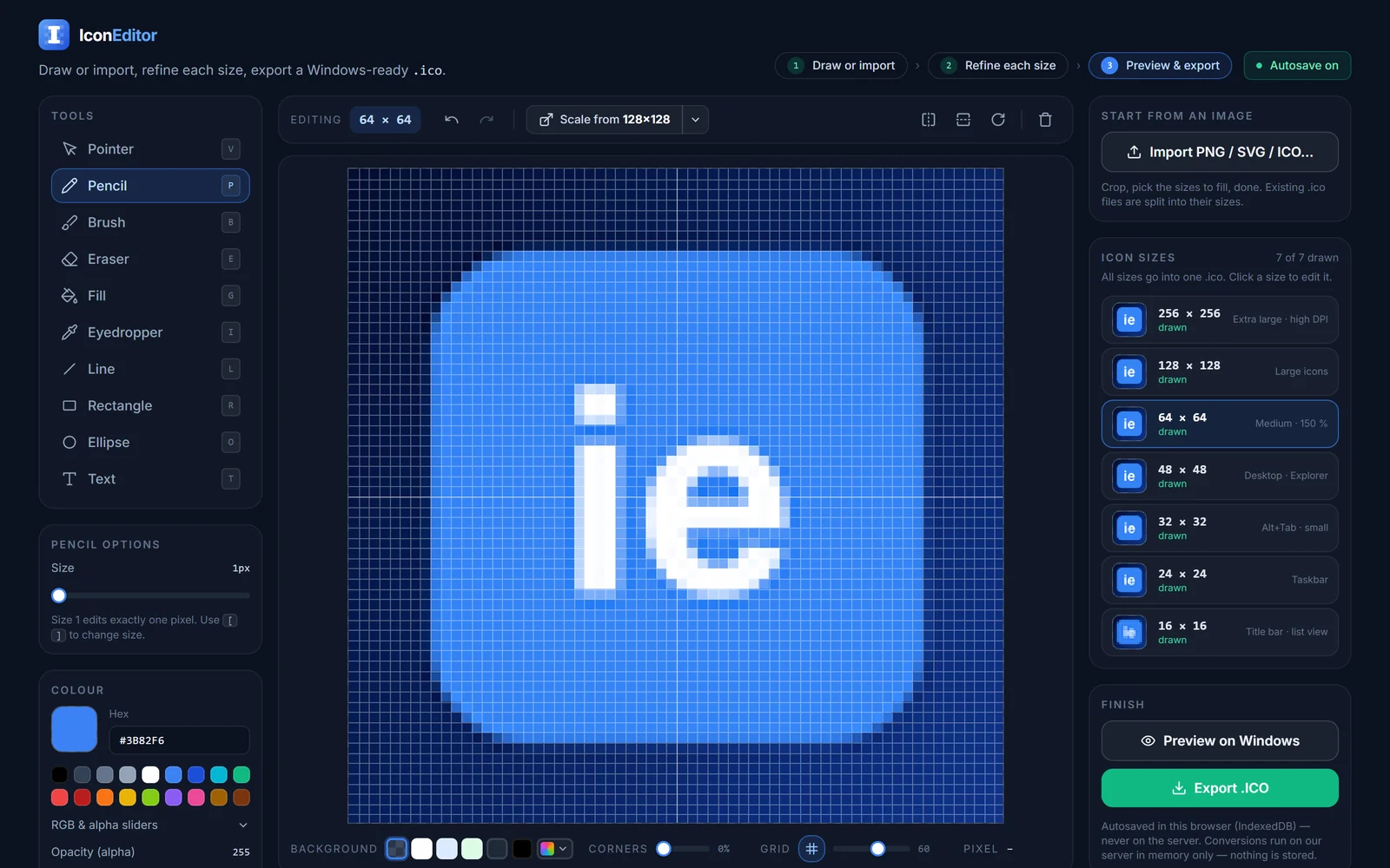 The IconEditor page: tools and colour on the left, the 64×64 canvas on a pixel grid, import, the seven icon sizes and Preview / Export on the right