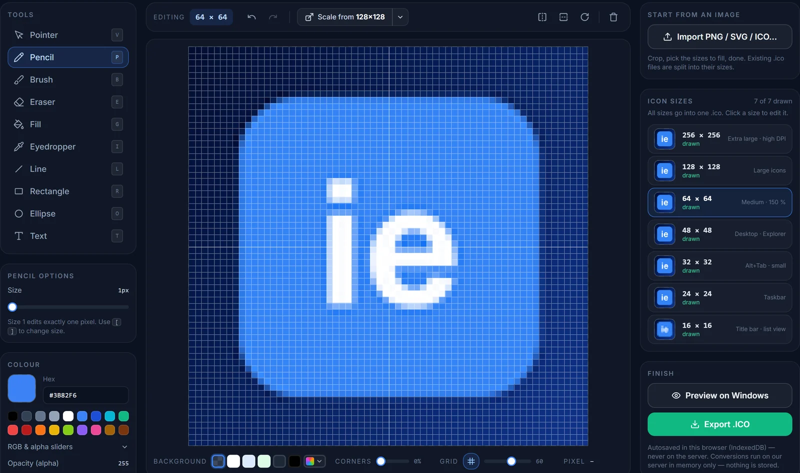 The IconEditor workspace: tool list on the left, a 64×64 canvas on the pixel grid in the middle, and the seven icon sizes with Preview and Export on the right