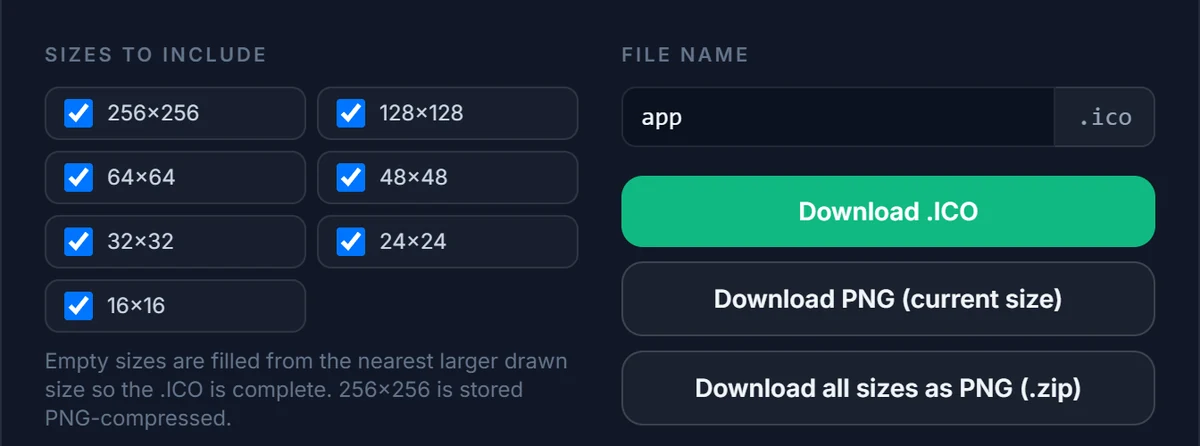 The Export dialog: seven size checkboxes, a file name field and the Download .ICO, PNG and ZIP buttons