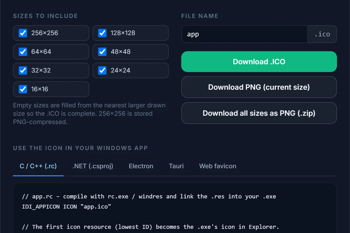 The Export dialog: sizes to include, file name, the Download .ICO button and the snippet tabs