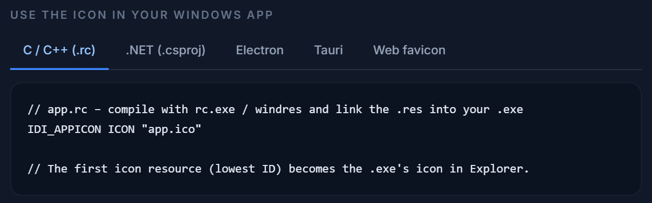 Snippet tabs in the Export dialog: C/C++ .rc, .NET .csproj, Electron, Tauri and Web favicon, with the .rc example shown