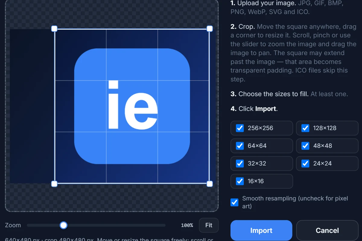 The Import dialog: a square crop frame over a logo, with the seven sizes ticked