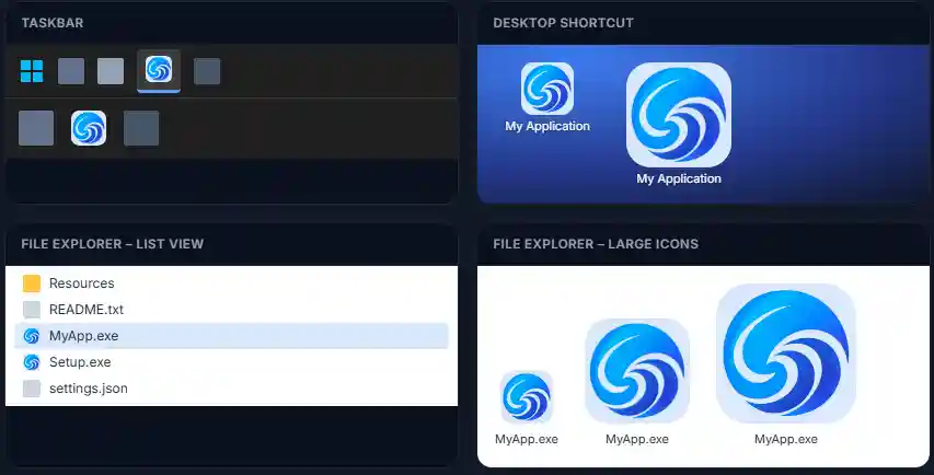 The Preview on Windows dialog showing the icon on the taskbar, as a desktop shortcut, and in Explorer's list and large-icon views