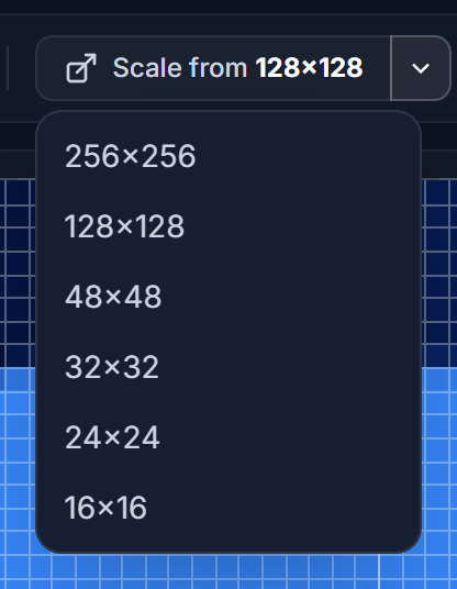The Scale from menu above the canvas, listing the drawn sizes that can be used as the source