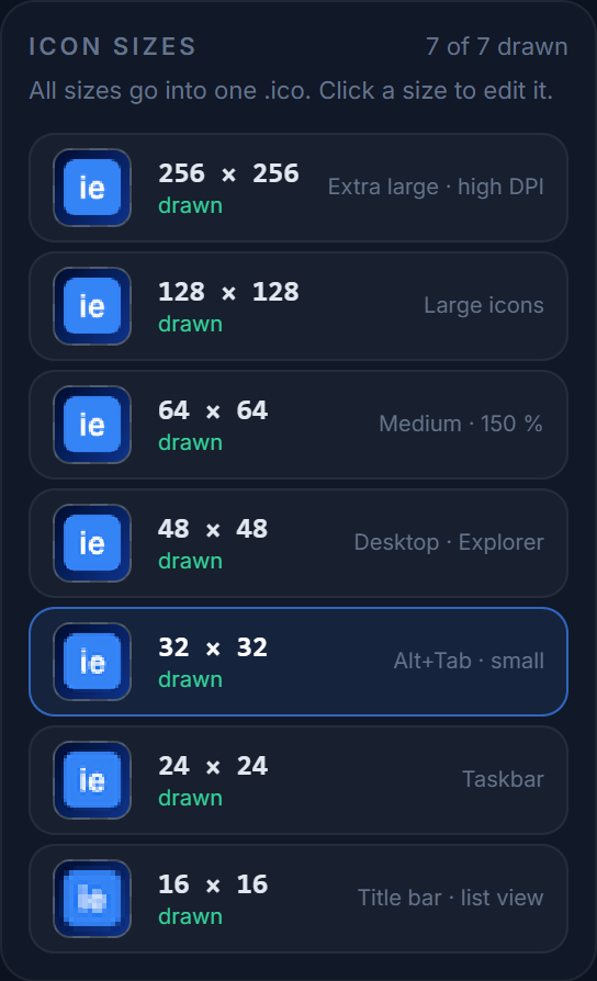 The Icon sizes panel: 256 down to 16 px, each with a thumbnail, a drawn status and where Windows uses it